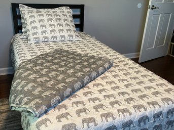 Two Twin Size Reversible Comforters & Pillow Shams With Grey & White Elephant Prints