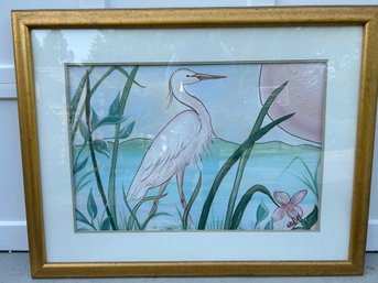 Nicely Framed Large Egret Painting, Signed