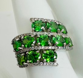 STUNNING SIGNED PJC STERLING SILVER GREEN AMETHYST WHITE SAPPHIRE THREE ROW RING