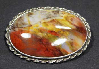 Very Fine Sterling Silver Framed Picture Agate Brooch 2' Wide
