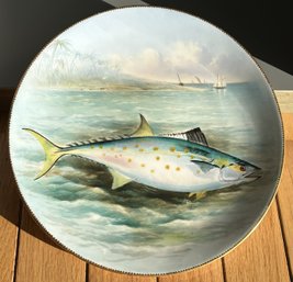 Antique Ca. 1870 ERWIN BODLEY HAND PAINTED PORCELAIN FISH PLATE- Spotted Tuna With Distant Isand And Palms