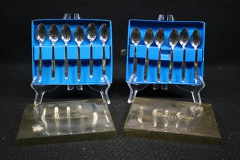 Two Sets Of Six Mid Century Stainless Steel Demitasse Spoons In Original Boxes