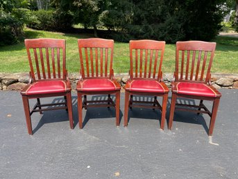 Set Of Four Nailhead Trimmed Wood Dining Chairs With Red Vinyl Seats