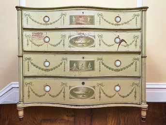 An Early 19th C. Adam Style Serpentine Front Chest Of Drawers With Inset Wedgwood Medallions On Drawer Pulls