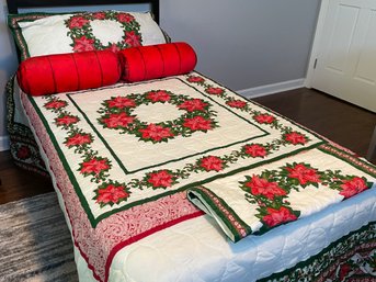 5 Piece Bedding - King Size Comforter & 2 King Pillow Shams With Poinsettia Pattern & 2 Red Bolster Pillows