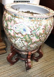Vintage Large Porcelain Chinese Fishbowl Planter And Wood Stand