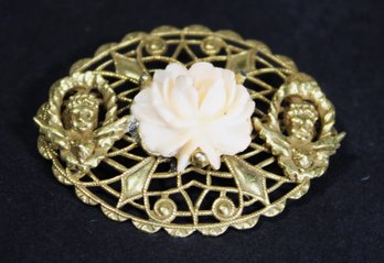 Vintage 1980s Gold Tone Filigree Brooch Cherubs And Applied Rose