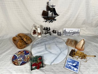 Marble Lazy Susan Top, Asian Plate, Dutch Clogs, Metal Ship Windchime, Souvenirs, Trivets