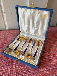 Set Of Six ELA Denmark Sterling Silver 925 Spoons Original Box Egon Lauridsen Blue Enamel Nice 3.75in