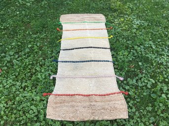 MOROCCAN STYLE WOVEN JUTE AREA RUG OR RUNNER WITH COLORED WOOL ROPE KNOTTED DETAIL