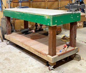 A Large Work Bench And Vise Grip, Castered For Convenience