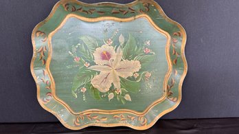 A Vintage Hand Painted Floral Design Green Serpentine Metal Tray