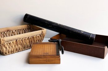 A BASKET, A BOX, AND A TINY ANTIQUE PAPER CUTTER!