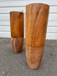 Tall Wooden Cone Planters - Lot Of Two