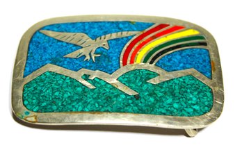 Vintage 1970s Mexican Alpaca Silver Belt Buckle W Rainbow Turquoise