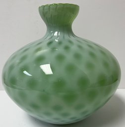 Vintage Art Cased Glass Green White Dots - Vase - 8 3/8 Inches H X 9 Inches - Unmarked