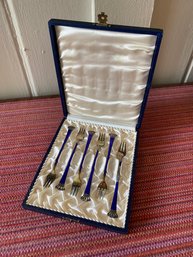 Set Of Six ELA Denmark Sterling Silver 925 Forks Original Box Egon Lauridsen Blue Enamel Nice 4.75in