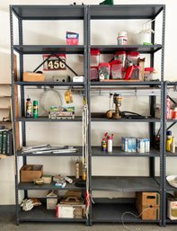 A Pair Of Tall Metal Garage Shelves And Contents - Winner Takes All