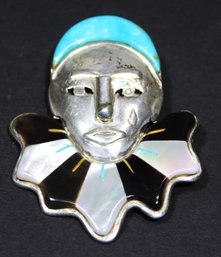 1980s Vintage Mexican Large Sterling Silver Harlequin Clown Brooch Turquoise, Onyx Mother Of Pearl