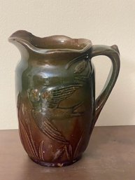 Art Nouveau Majolica Sparrow & Cat Tails Drip Glaze Pitcher