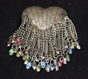 Silver Tone 1980s Brooch Having Rhinestone Drops Heart Form