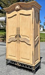A Vintage Faux Painted Maple French Provincial Wardrobe Cabinet On Wrought Iron Base