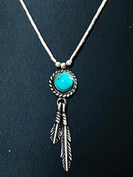 NATIVE AMERICAN SIGNED QT STERLING SILVER TURQUOISE FEATHER NECKLACE