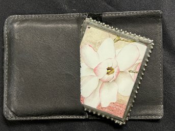 Small Pocket Mirror With Floral Design And Leather Pouch
