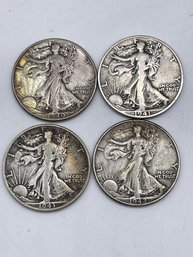 1940-1943, Four Walking Liberty Half Dollar Silver Coins. (HD1)