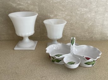 A Set Of Two Milk Glass Planter/Urns With Greek Key Motif And A Strawberries Ceramic Basket, Made In Italy