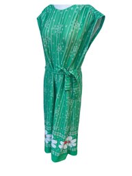 Vintage 1960s Kelly Green Floral Dress - Size Medium