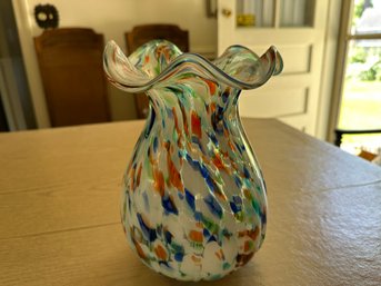 Multi Colored  Murano Glass Vase With Ruffled Top