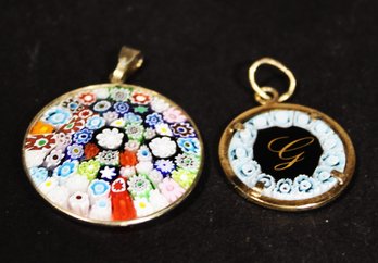 Lot Two Italian Millefiori Art Glass Gold Tone Pendants