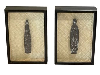 Two Vintage Late 20th Century African Art Carvings. Each Is Displayed In A Basketweave Lined Shadowbox.