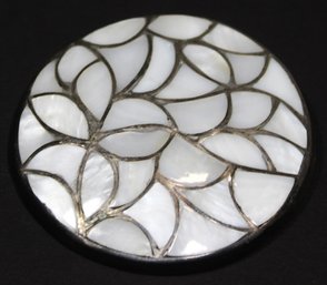 Large Round Mexican Sterling Silver Mother Of Pearl Inlay Brooch 2 1/2'