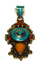 Large Vintage Ethnographic Pendant Having Enamel Inlay