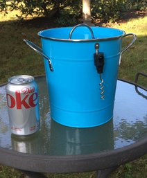 Vintage Blue Ice Bucket With Ice Tongs & Corkscrew