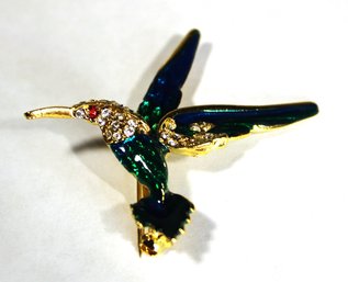 Contemporary Gold Tone Enamel Rhinestone Hummingbird Brooch