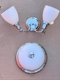 A Set Of Chrome And White Glass Bathroom Light Fixtures - Double Vanity And Flush Ceiling Mount