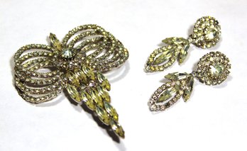 Super Fine White Rhinestone Large Brooch W Matching Earrings Suite