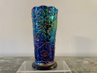 Fenton Dark Amethyst Peacock Garden Carnival Vase