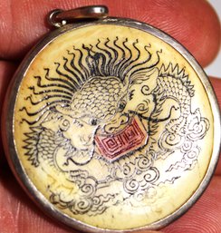 Great Hand Carved Pendant Of A Dragon Mother Of Pearl Inlay Happiness