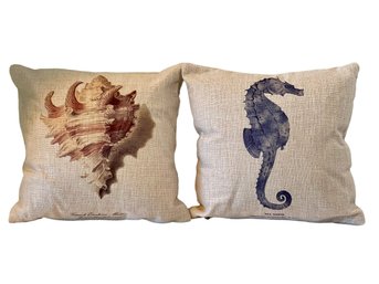 Pair Of Throw Pillows, 1 Seahorse, 1 Shell