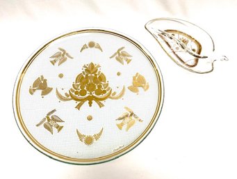 Pairing Of Georges Briard Partiridges Glass Serving Trays W/ 22 KT Gold Detail