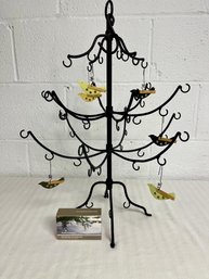 Metal Tree With Dangle Decorations - Folk Art Birds, Crystal Drops