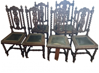 6 19th Century Gothic Revival High Back Chairs With Casters/ Dining Table
