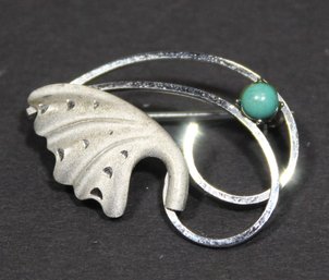 Vintage Abstract Naturalistic Formed Sterling Silver Brooch W Turquoise Stone