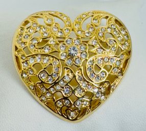 PRETTY NAPIER GOLD TONE RHINESTONE HEART BROOCH