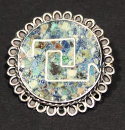 Fine Vintage Mexican Sterling Silver Lapis And Turquoise Inlay Circular Brooch