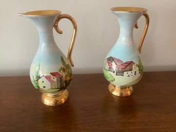 Signed Hand Painted Pair Of Hand Painted Gold Trimmed Pitchers